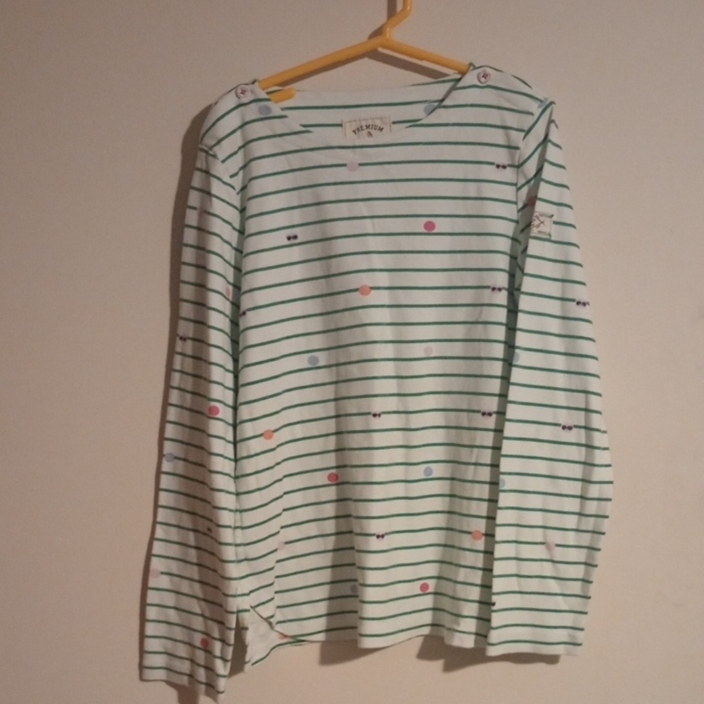 Joules Kids Long Sleeve Shirt with Green Stripes and Colorful Dots